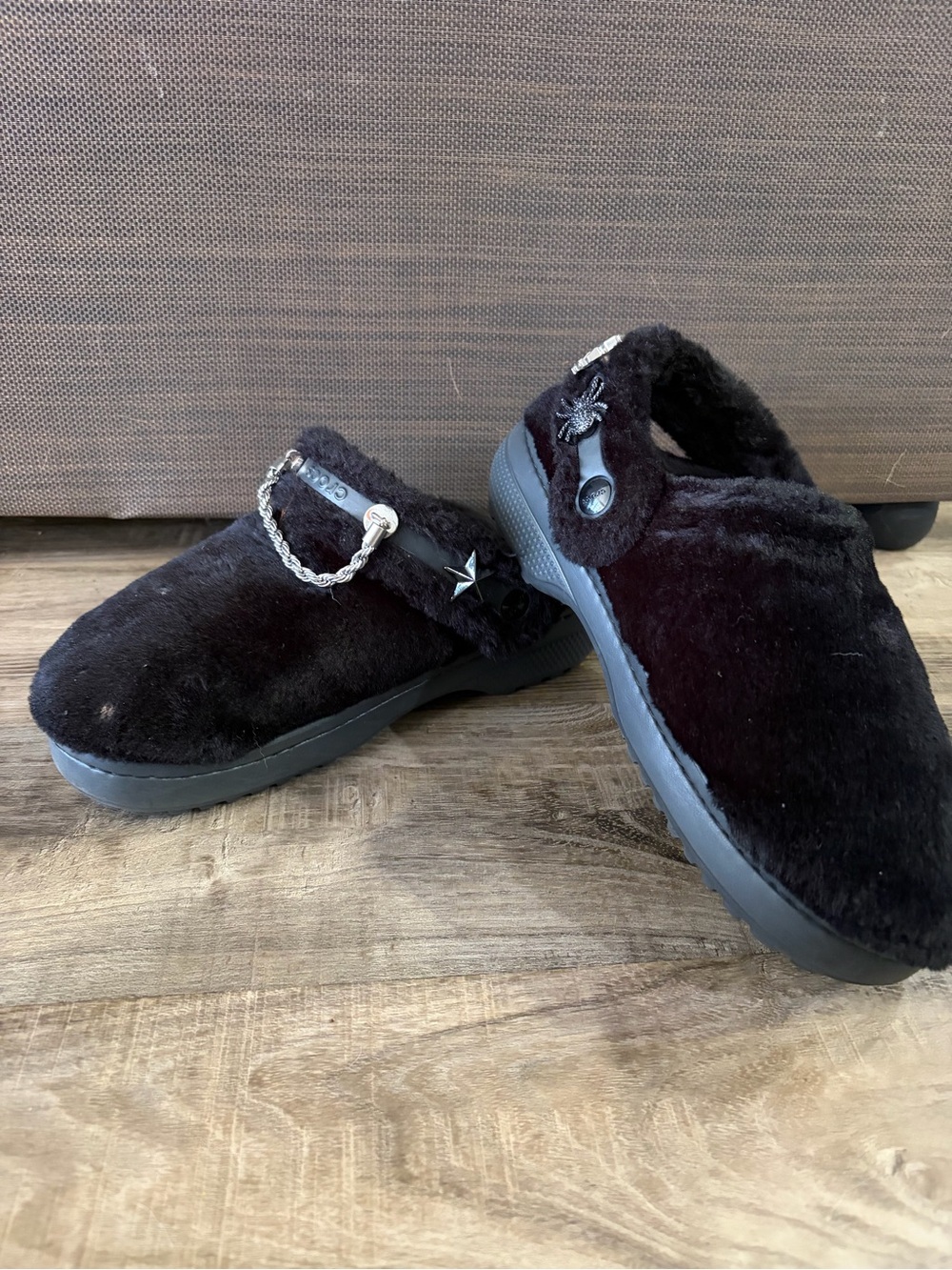 CROCS Black Fuzz Lined Clogs with Silver Charms